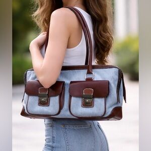 Dooney & Bourke Denim Canvas Satchel Leather Trim double pocket EUC